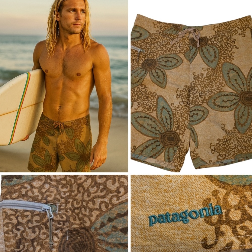 Patagonia Brown and Blue Floral Men Swim Board Shorts